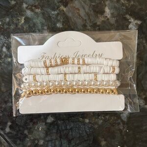 Elegant White and Gold Beaded Bracelet Set